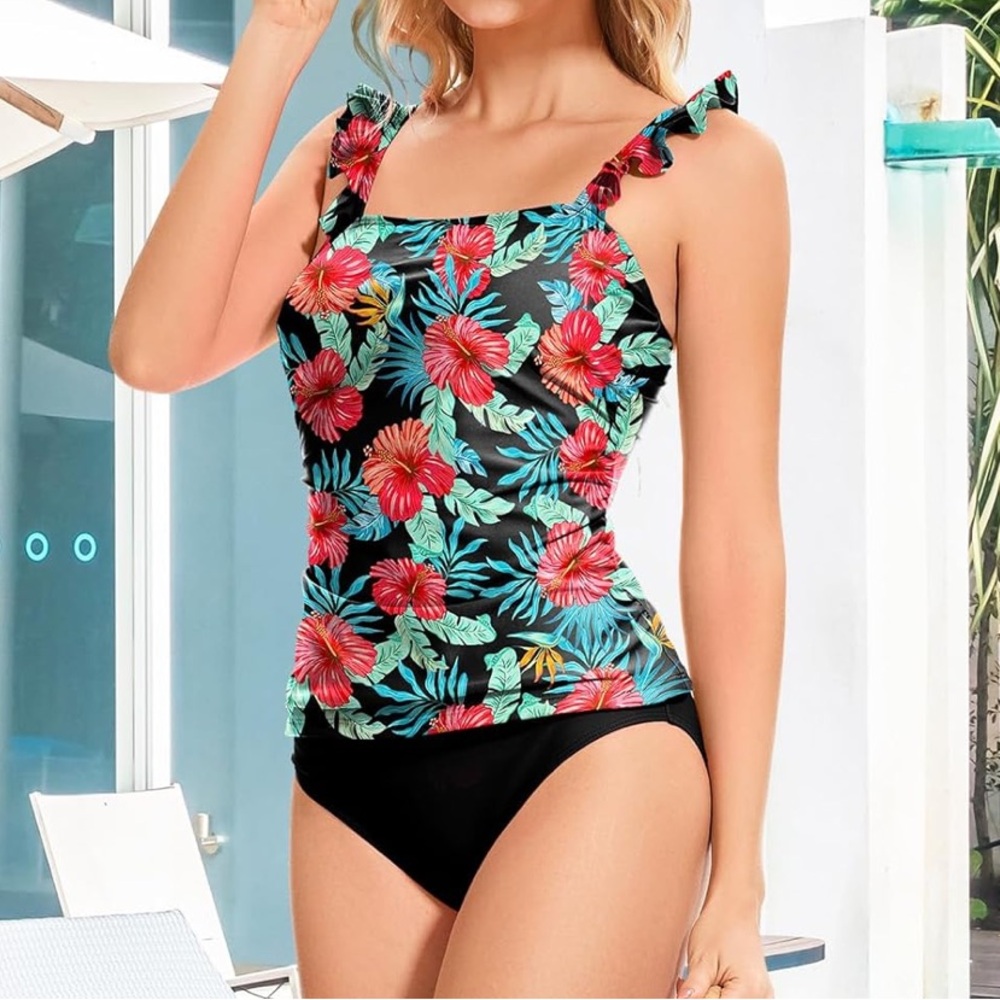 NWT Two Piece Tummy Control Tankini Ruched Ruffle Adjustable Straps XL
